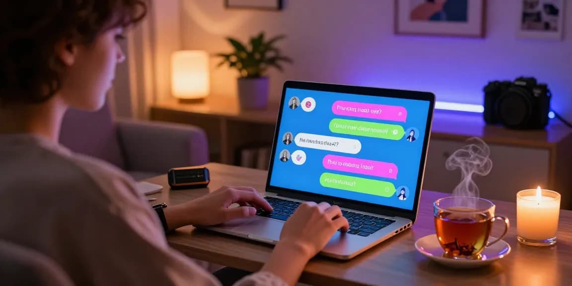 Engaging in NSFW AI chat in a cozy home office with animated chat bubbles