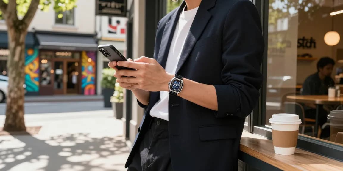Stylish individual showcasing clone watches in a vibrant urban café