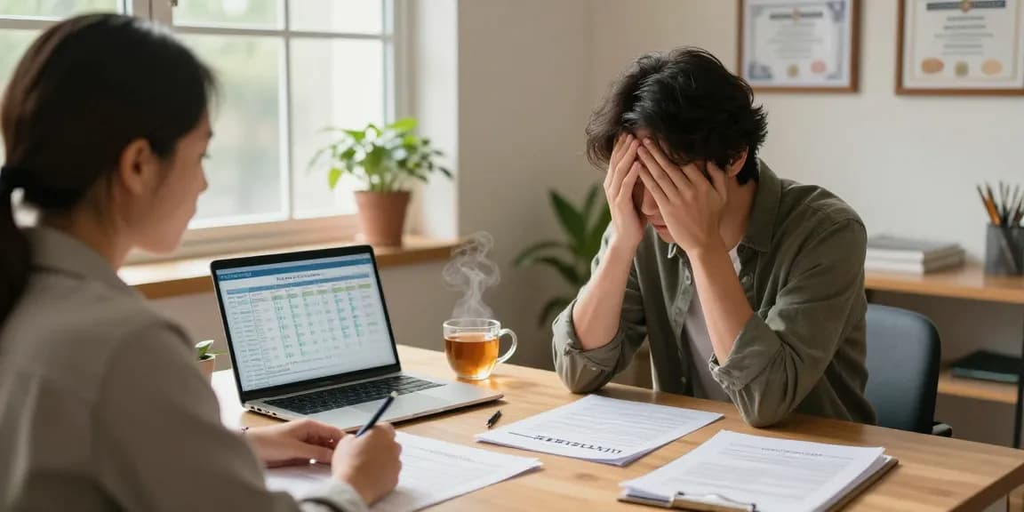 Consolidation discussion between a financial counselor and a distressed individual in a warm office.