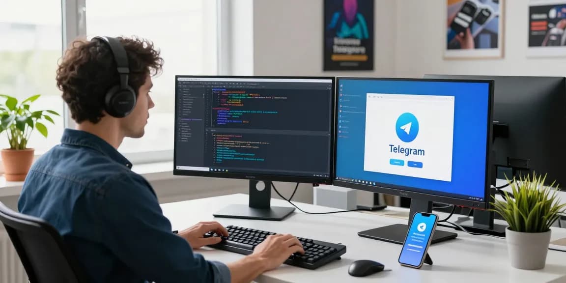 Experience the Telegram Download process in a modern tech workspace, featuring a developer coding on dual monitors with a sleek office ambiance.