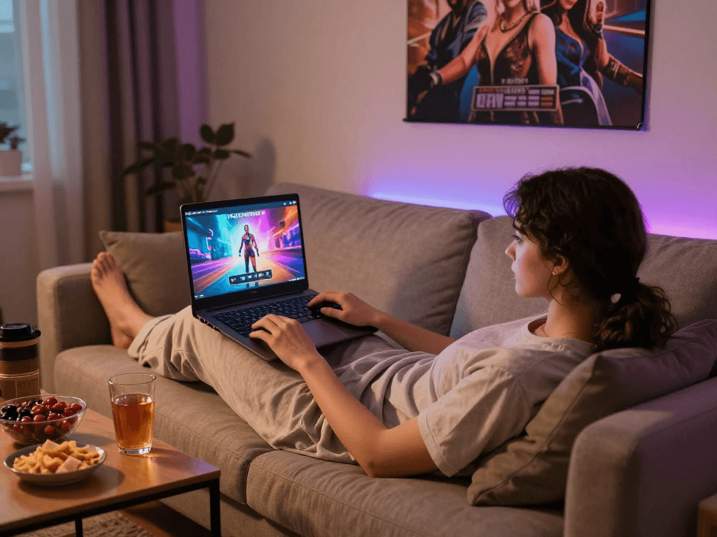 Engaged player enjoying a porngame on a laptop in a cozy gaming setup.