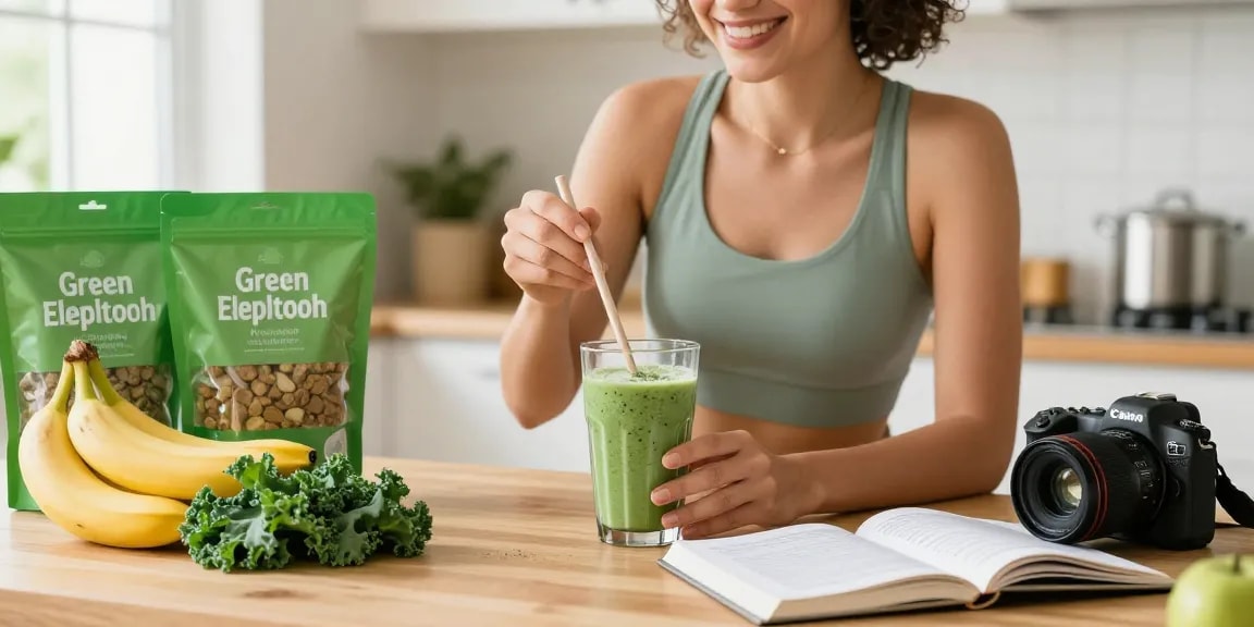 Enjoying a Green Elephant Kratom smoothie at behappygoleafy.com/green-elephant-kratom in a bright kitchen.