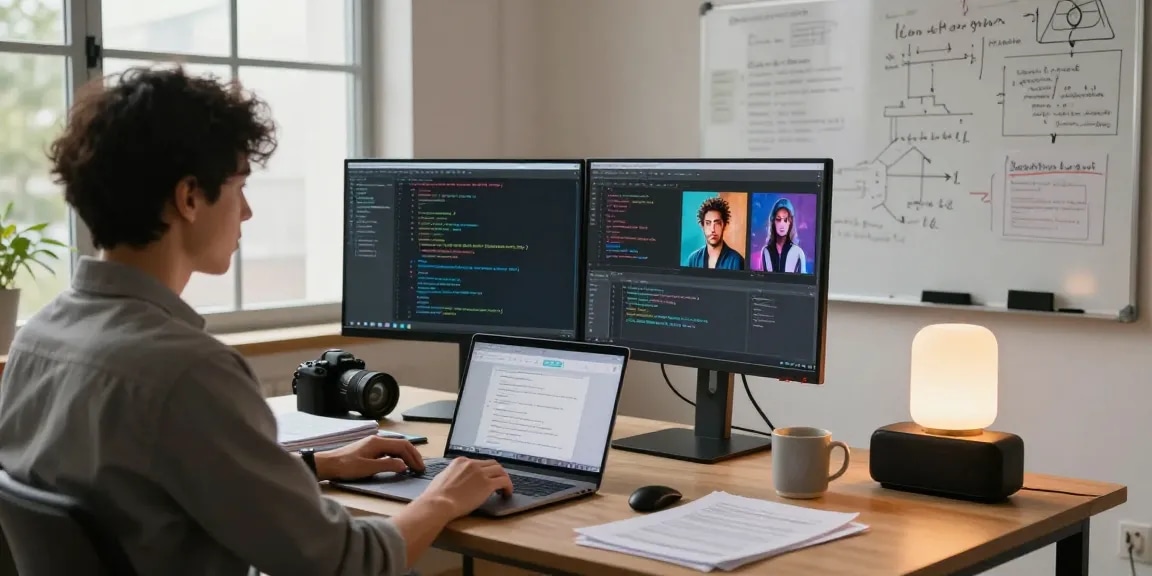 Data scientist using generative AI at a modern workspace with dual monitors displaying code and images.