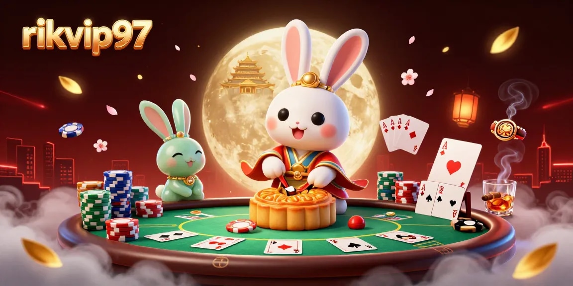 Engage with rikvip97's vibrant 3D casino world featuring poker chips and moon rabbits.