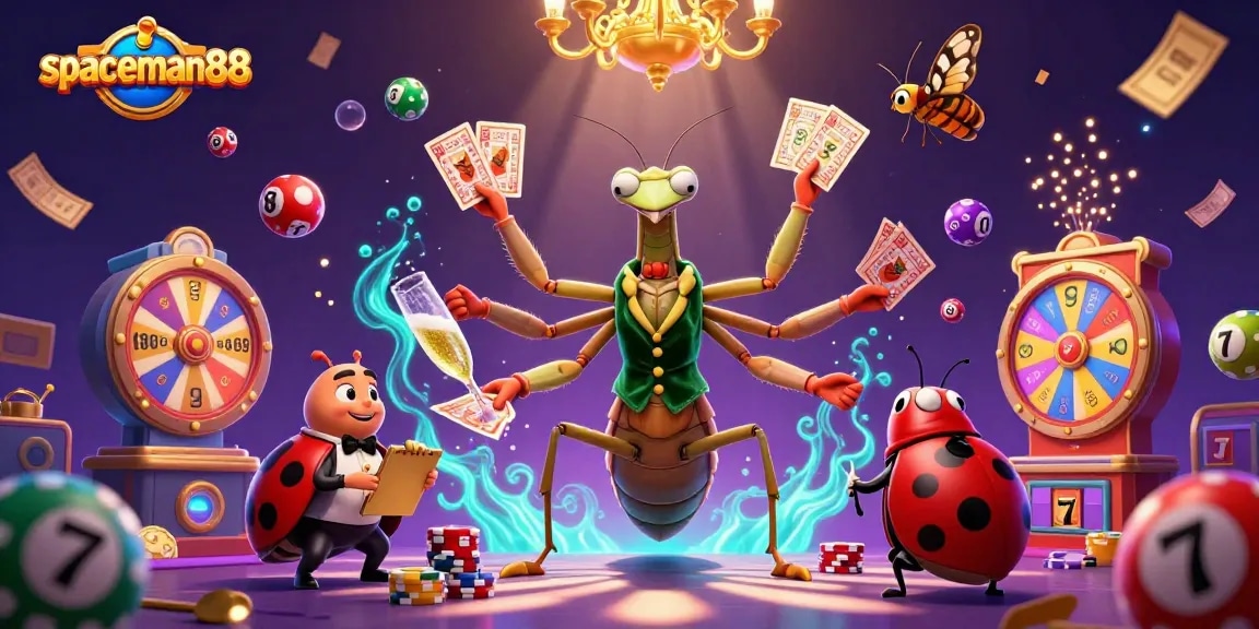 spaceman88 showcases a vibrant casino scene with a mantis dealer and lottery elements
