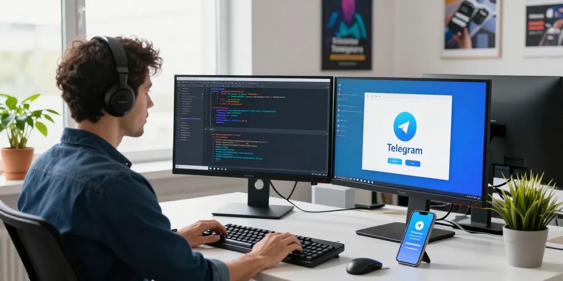 Experience the Telegram Download process in a modern tech workspace, featuring a developer coding on dual monitors with a sleek office ambiance.