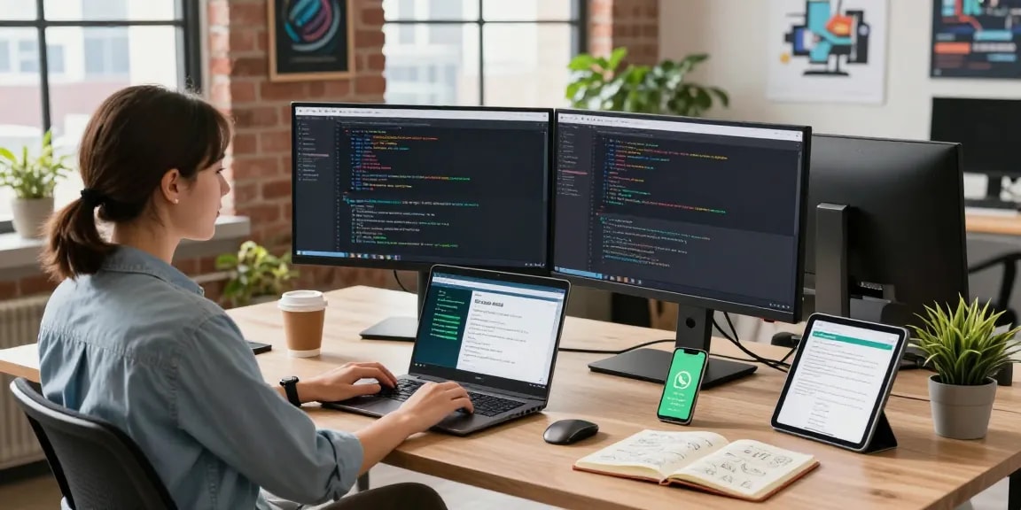 WhatsApp下載 in a modern workspace with a developer coding on dual monitors and a smartphone showing notifications.