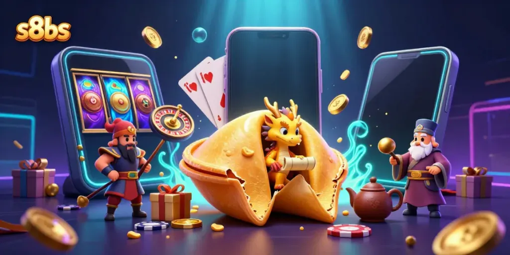 Experience fortune at s8bs with immersive casino elements, including a dragon, slots, and more.