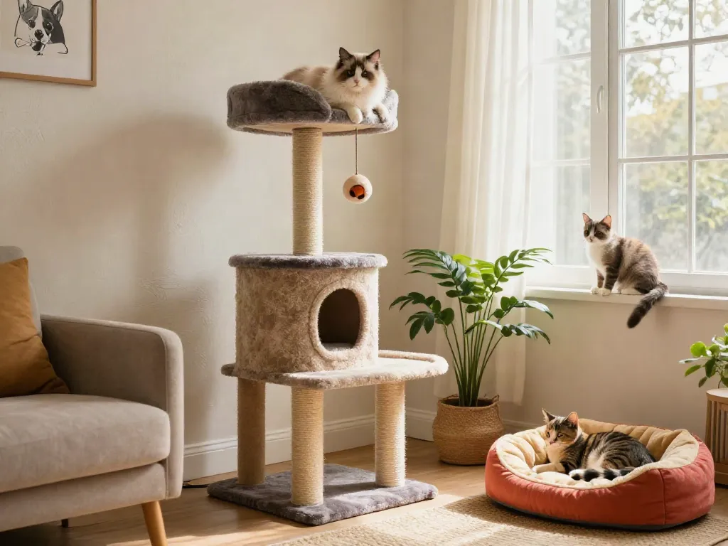 Stylish cat tower cat tree in a cozy living room with a playful kitten and soft sunlight.