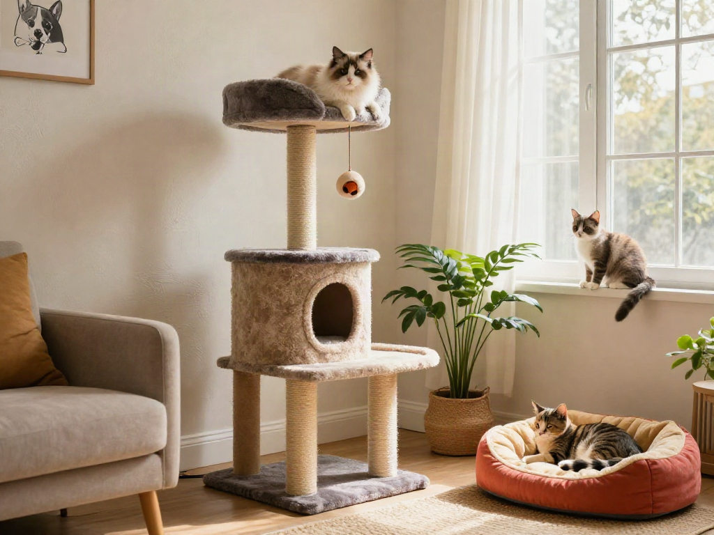Stylish cat tower cat tree in a cozy living room with a playful kitten and soft sunlight.