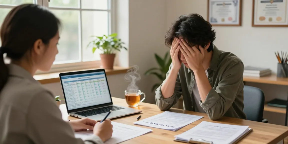Consolidation discussion between a financial counselor and a distressed individual in a warm office.