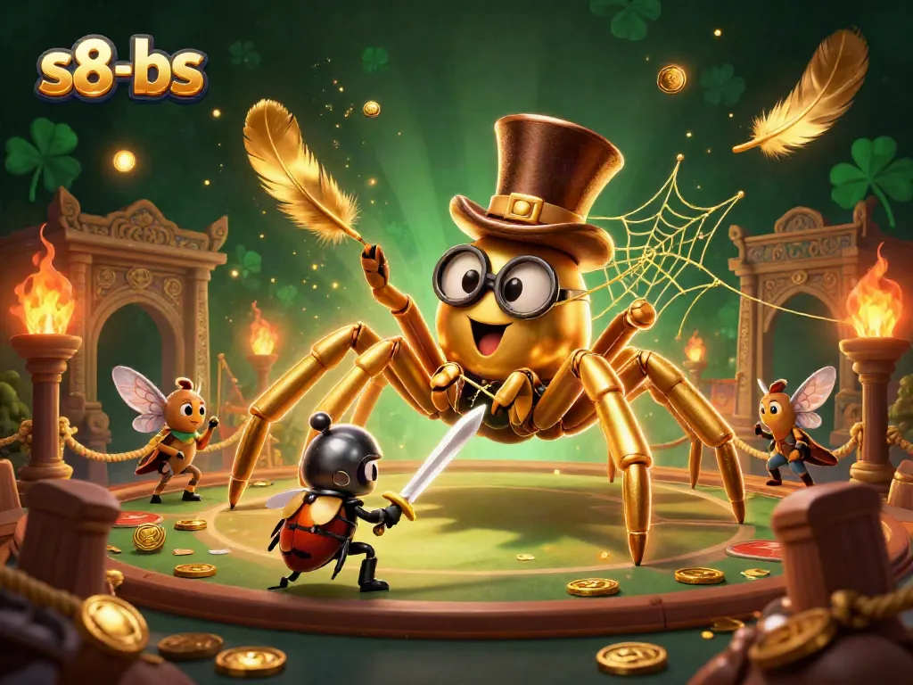 Experience s8-bs in a rich casino scene with a golden tarantula and beetle knight.
