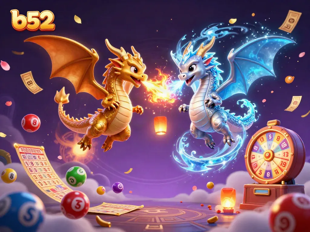 Experience thrilling wins with b52-inspired dragons amidst vibrant lottery elements in a magical scene.