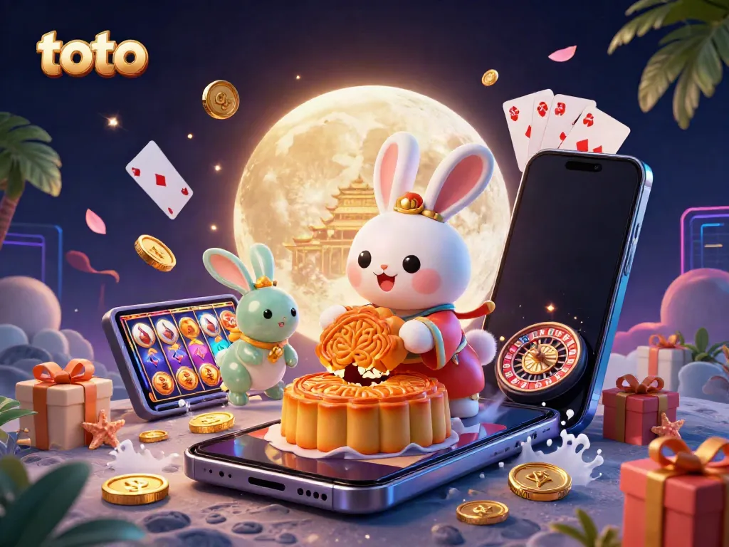 Spin colorful slots with toto while a moon rabbit bursts poker chips from mooncakes in a vibrant scene.