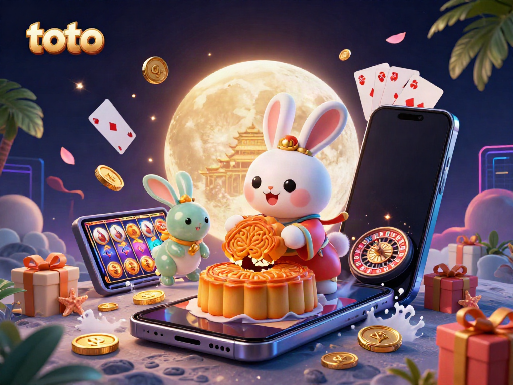 Spin colorful slots with toto while a moon rabbit bursts poker chips from mooncakes in a vibrant scene.