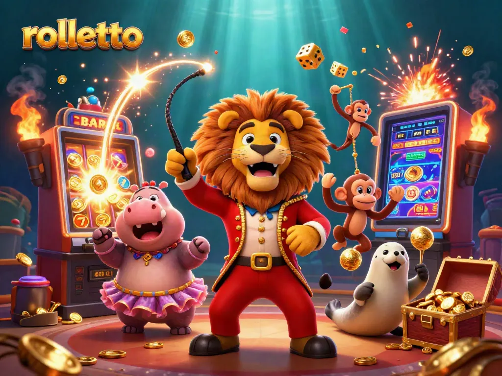 Experience rolletto's excitement with 3D circus characters amidst a dynamic casino scene.