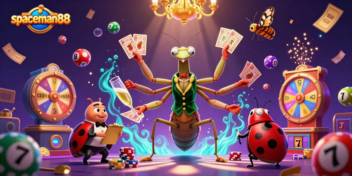 spaceman88 showcases a vibrant casino scene with a mantis dealer and lottery elements
