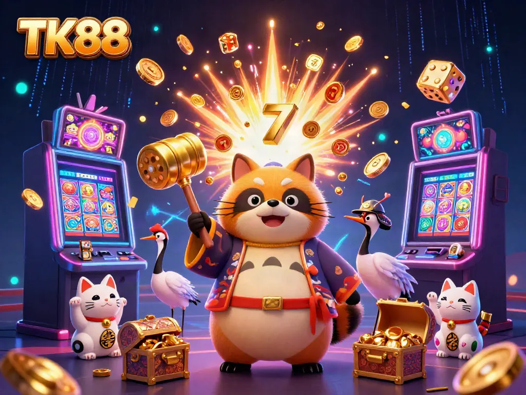 Witness the jubilant TK88 raccoon and crane amidst a jackpot explosion in a vibrant digital casino