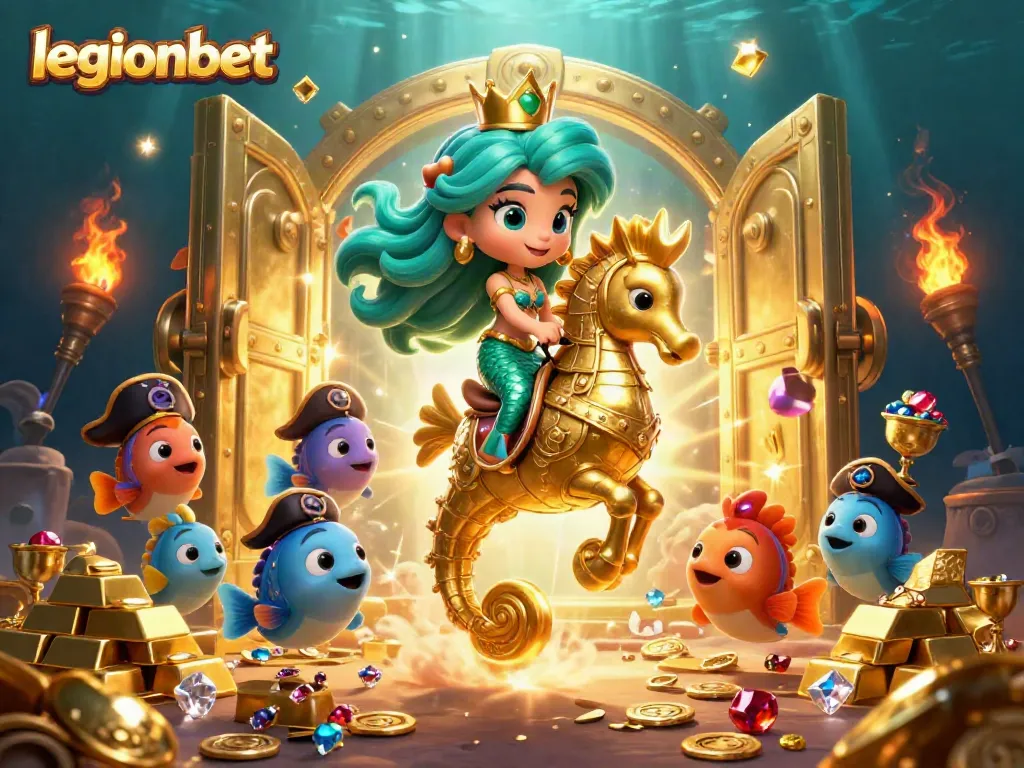 Engage with legionbet as the mermaid princess rides a seahorse amidst a treasure-filled underwater world.