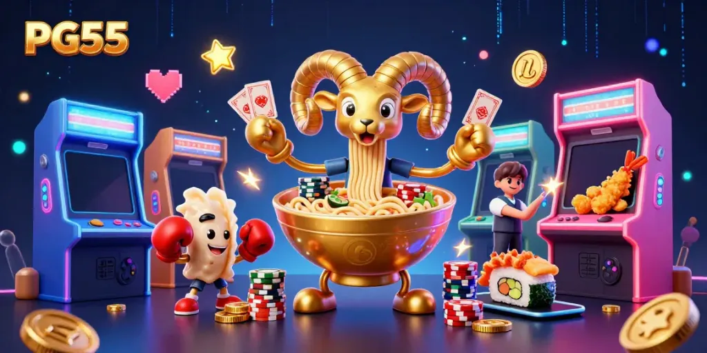 Play and win at PG55 Casino with a vibrant golden ramen bowl character dealing cards and stacking chips.