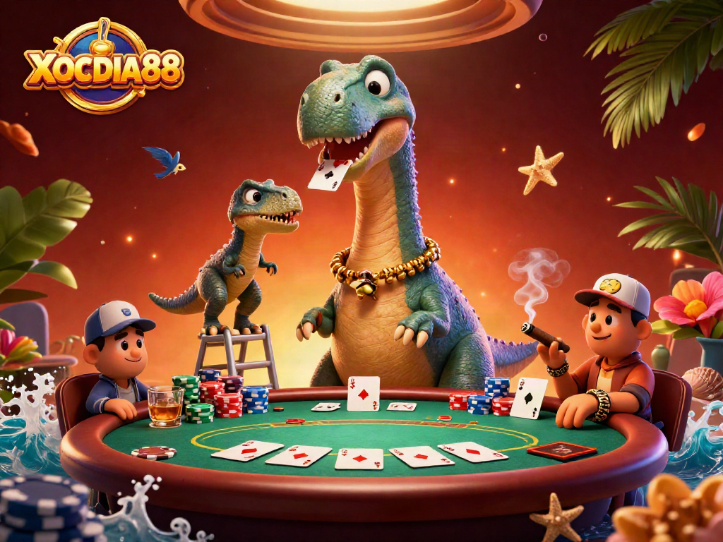 Experience the excitement of XOCDIA88 poker with a playful dinosaur dealing cards and colorful chips.