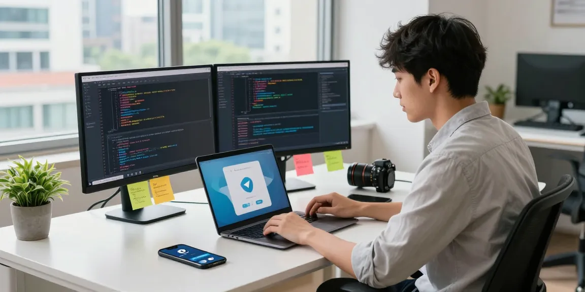 Dynamic tech workspace depicting Telegram下载 on multiple devices, emphasizing innovation and productivity.