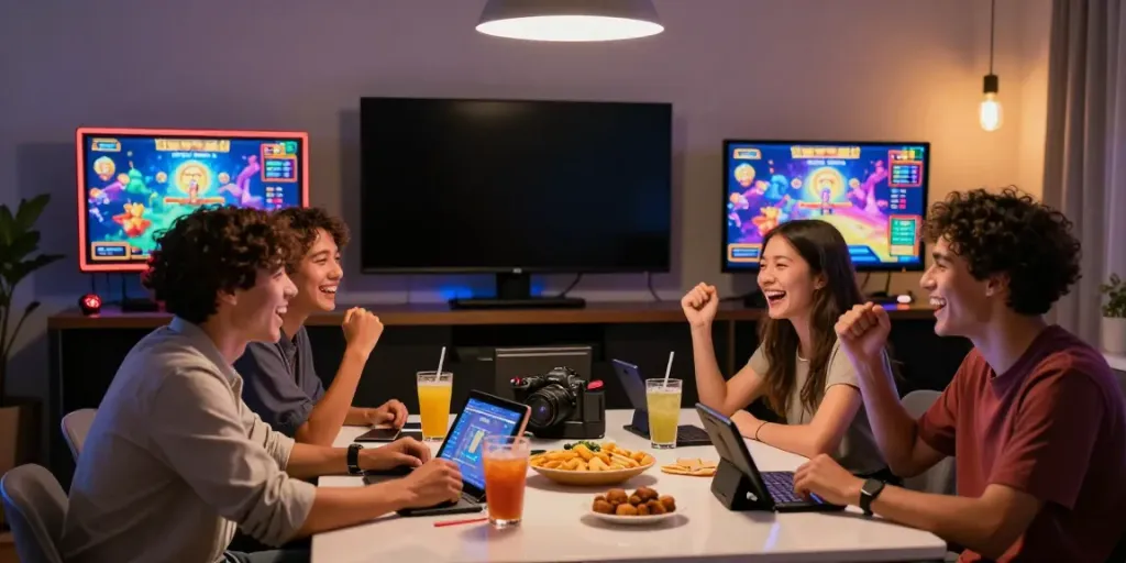 Exciting gaming experience at https://tx88bet.vip/ with friends enjoying an online slot game in a lively atmosphere.