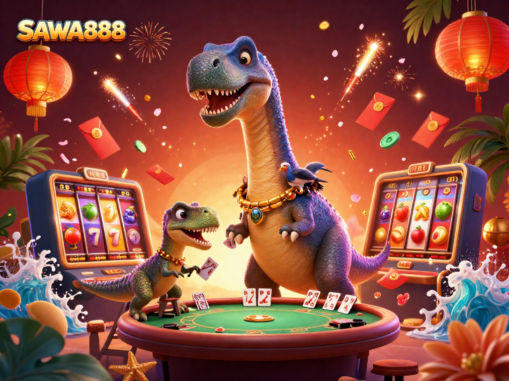Experience the excitement of SAWA888 with unique characters and casino elements in a vibrant 3D illustration.