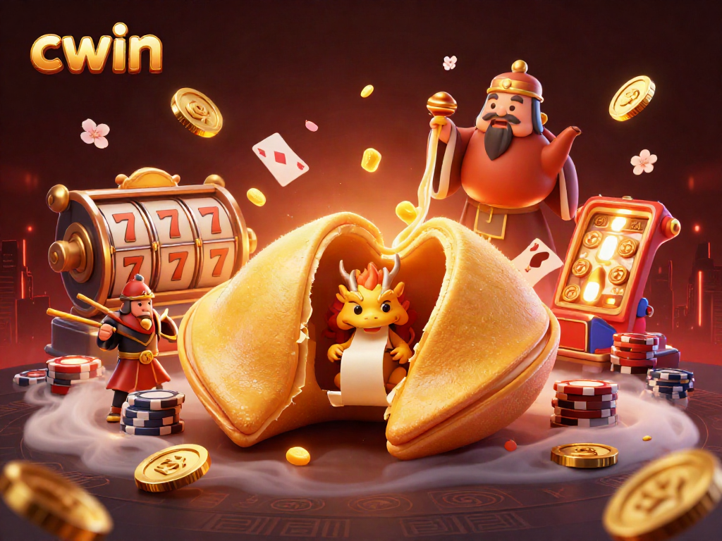 Spin the reels at CWIN with a golden fortune cookie dragon and vibrant casino elements amidst floating coins.