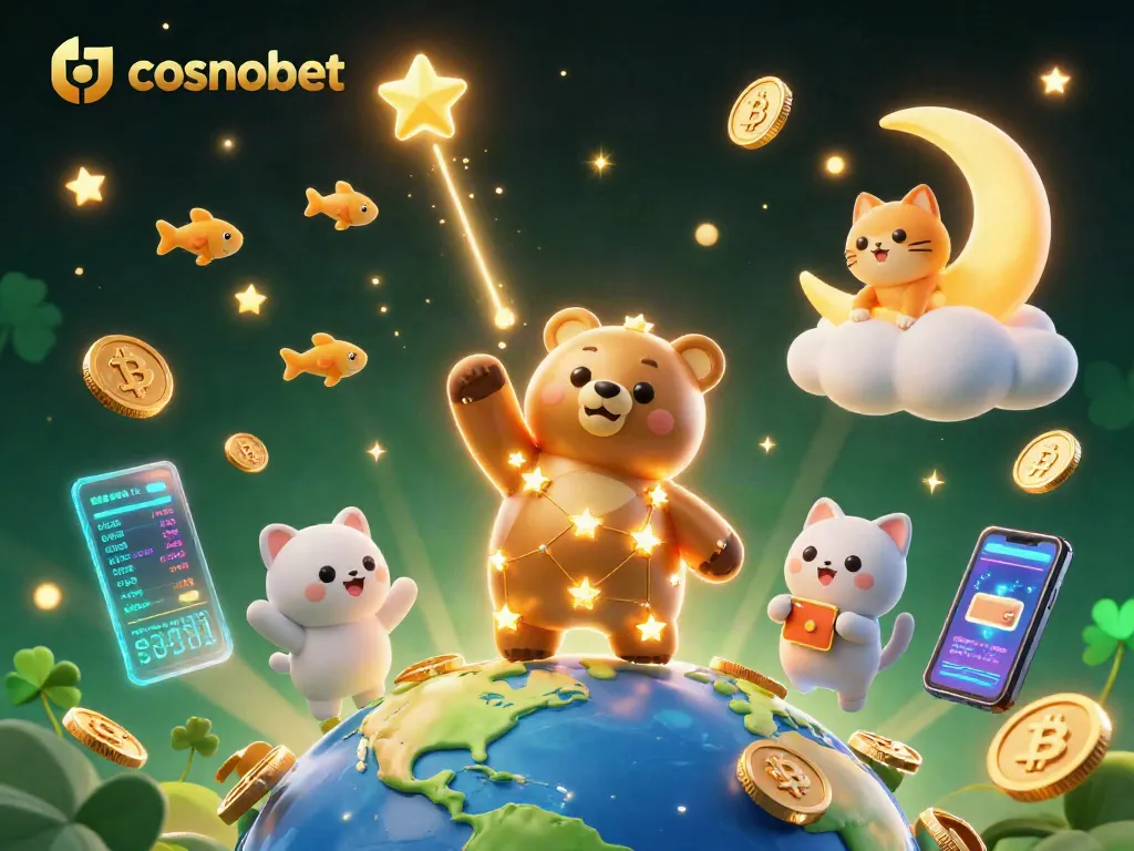 Engage with cosmobet's vibrant cosmic gaming scene featuring a golden star bear and crypto elements.
