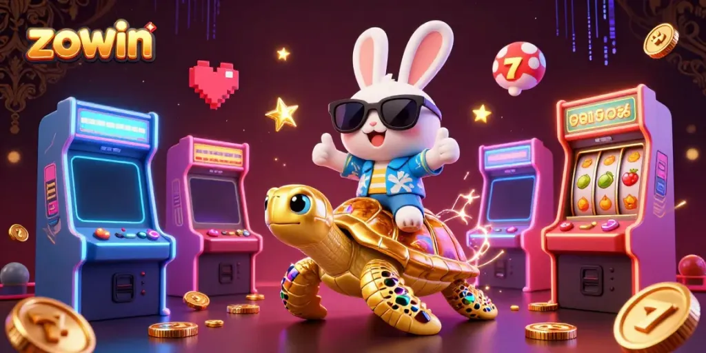 Experience the vibrant thrill of zowin gaming with a playful scene of a lucky rabbit and golden turtle amidst engaging slot elements.