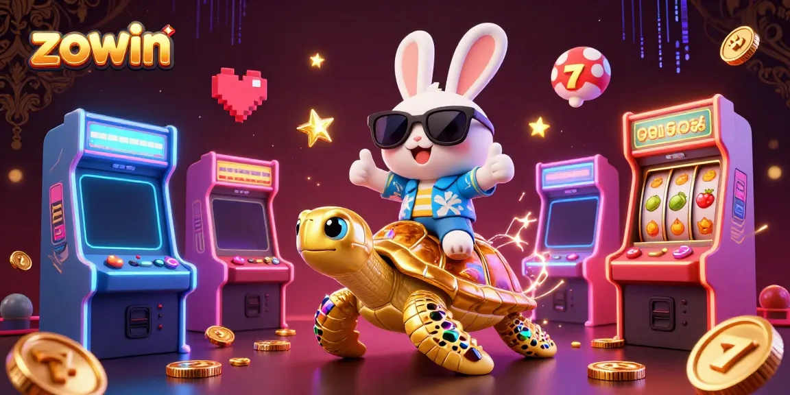 Experience the vibrant thrill of zowin gaming with a playful scene of a lucky rabbit and golden turtle amidst engaging slot elements.